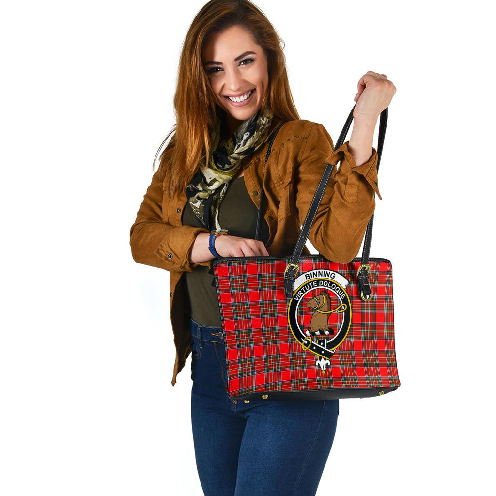 Binning Tartan Leather Tote Bag with Family Crest - Tartan Vibes Clothing
