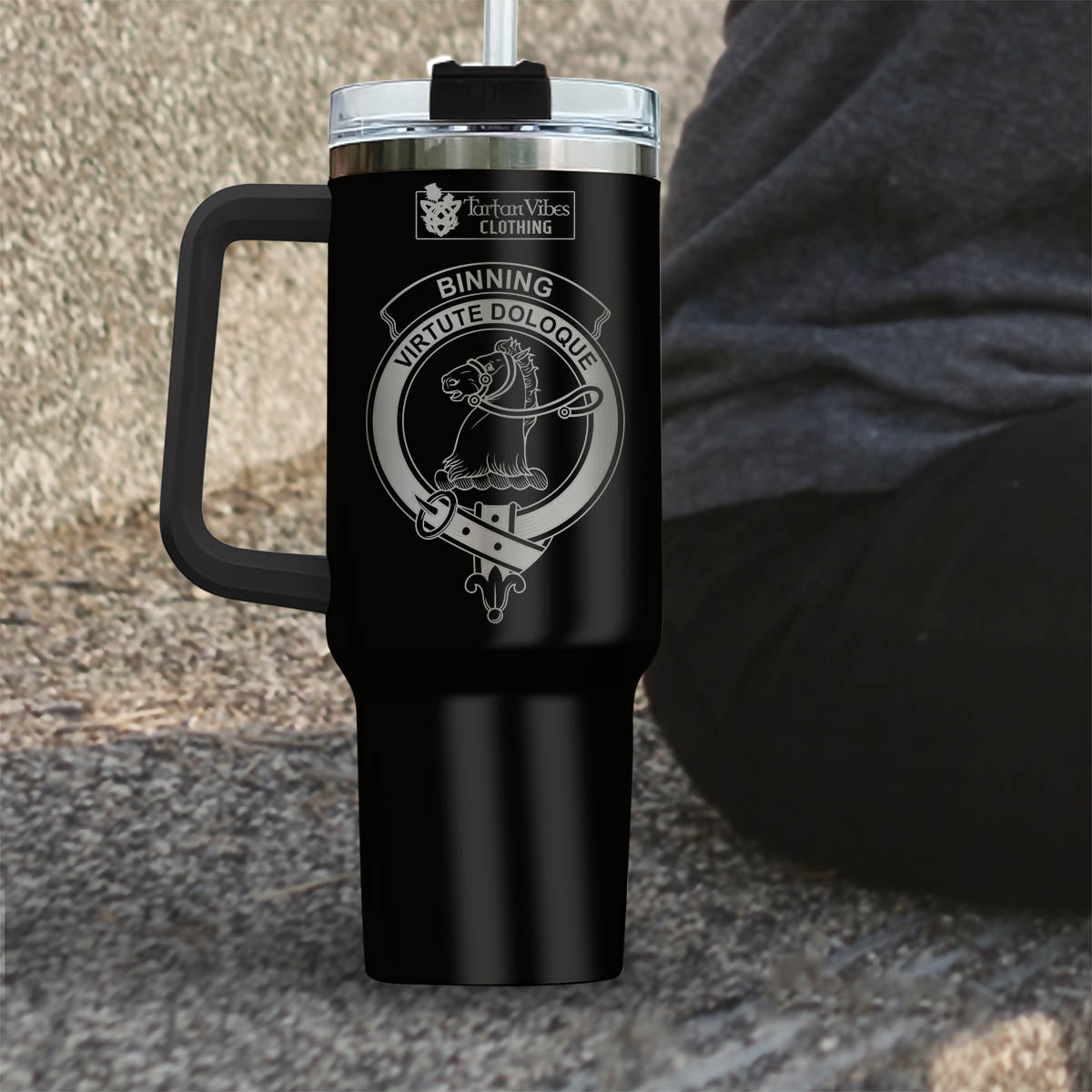 Binning Clan Crest Engraved Tumbler with Handle - 2D-tartanvibesclothing