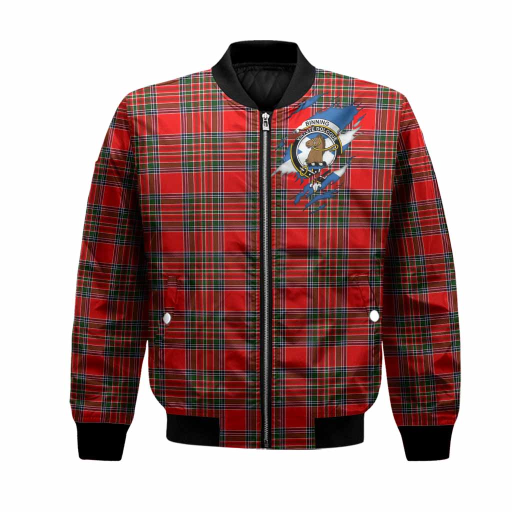 Binning Clan Crest In Me Tartan Bomber Jacket Scotland Flag Style