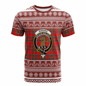 Binning Clan Tartan Christmas Cotton T-shirt with Family Crest