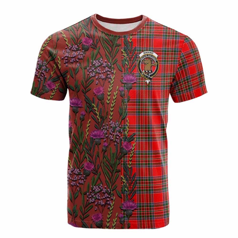 Binning Family Crest Tartan Cotton T-shirt Scottish Thistle Flower Pattern Half Style - Tartan Vibes Clothing