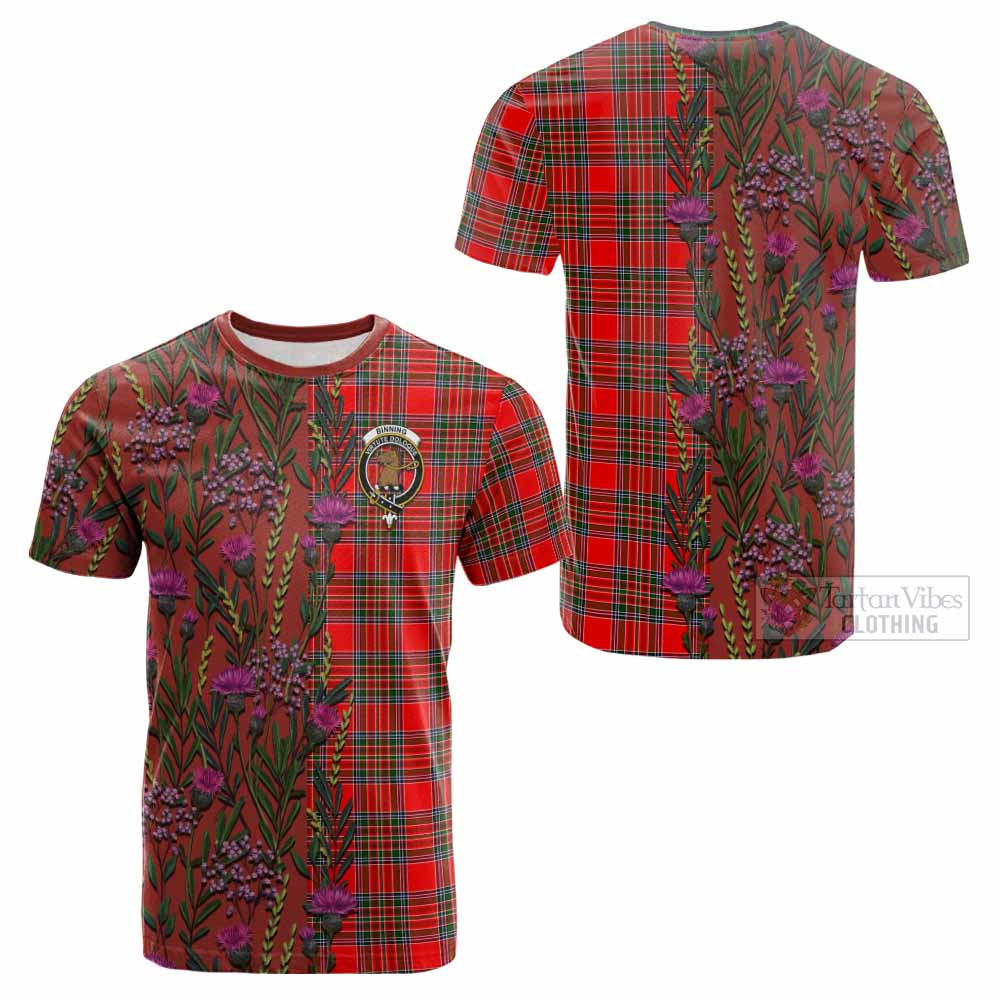 Binning Family Crest Tartan Cotton T-shirt Scottish Thistle Flower Pattern Half Style - Tartan Vibes Clothing