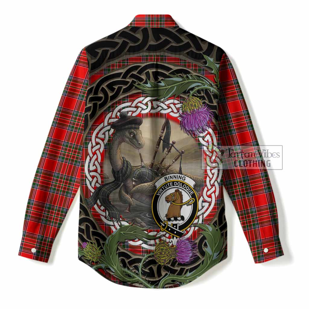 Binning Tartan Crest Bagpipe Nessie Women Casual Shirt Scottish Loch Ness Monster Celtic Thistle