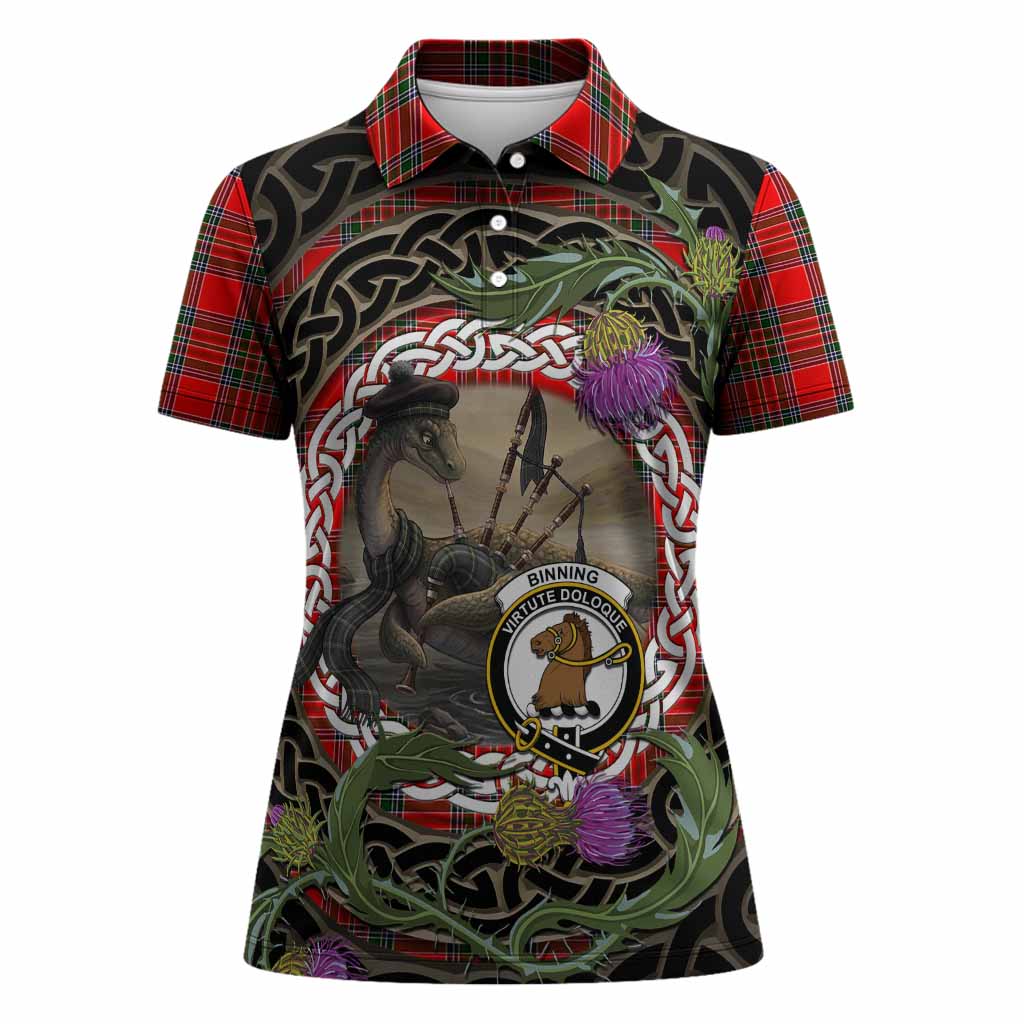 Binning Tartan Crest Bagpipe Nessie Women Polo Shirt Scottish Loch Ness Monster Celtic Thistle