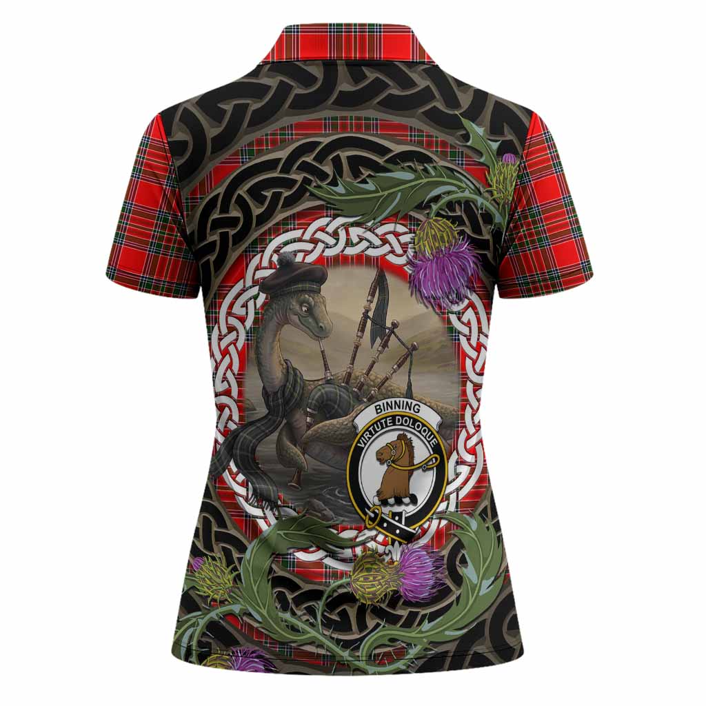 Binning Tartan Crest Bagpipe Nessie Women Polo Shirt Scottish Loch Ness Monster Celtic Thistle
