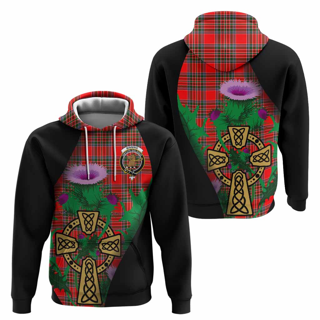 Binning Tartan Crest Hoodie Celtic Cross Thistle Flowers