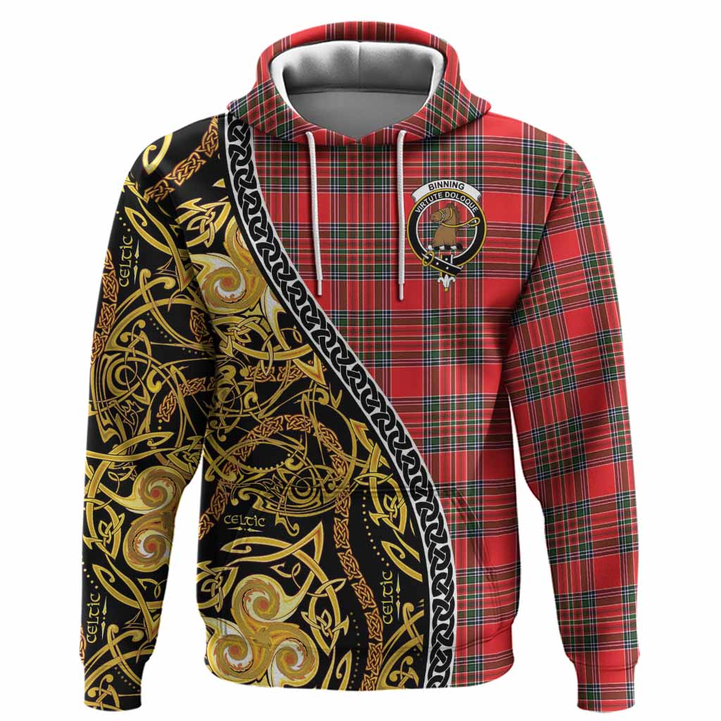 Binning Tartan Crest Hoodie Celtic Knot and Triple Trickle Spiral Symbols