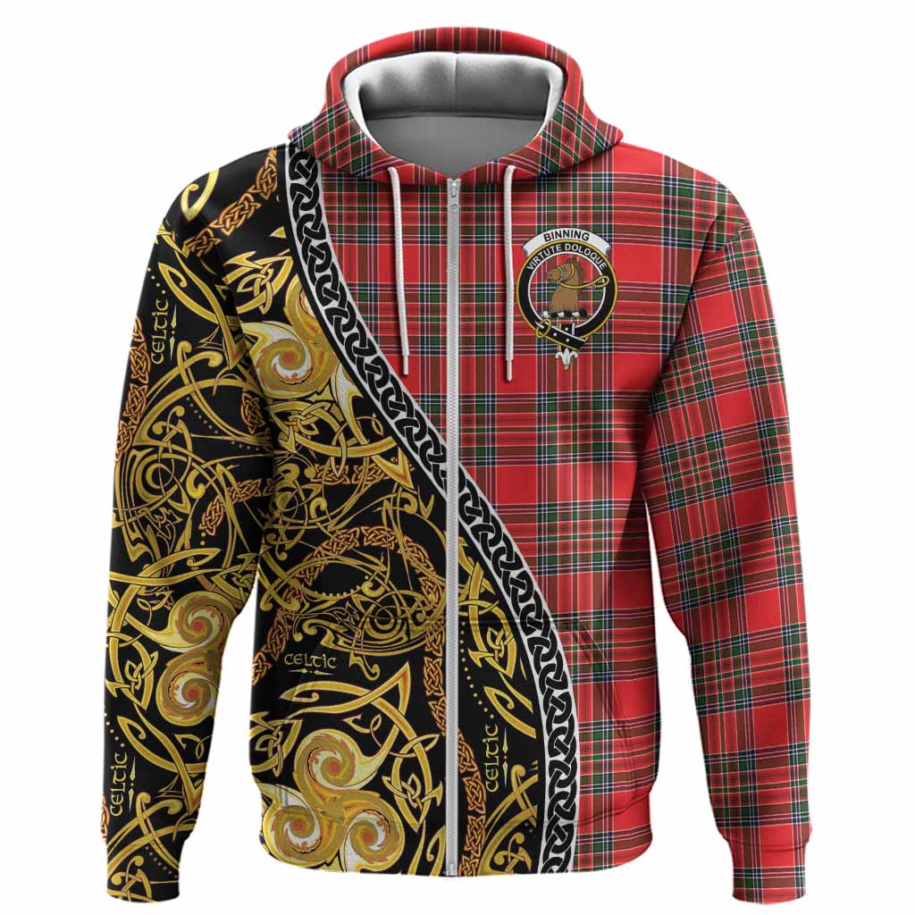 Binning Tartan Crest Hoodie Celtic Knot and Triple Trickle Spiral Symbols