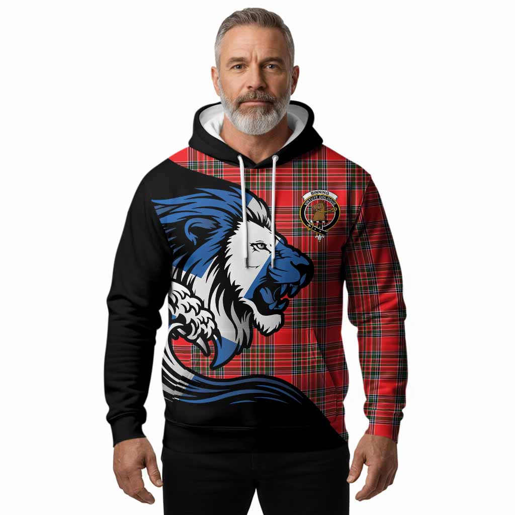 Binning Tartan Crest Hoodie Scottish Golden Lions Wave Flow