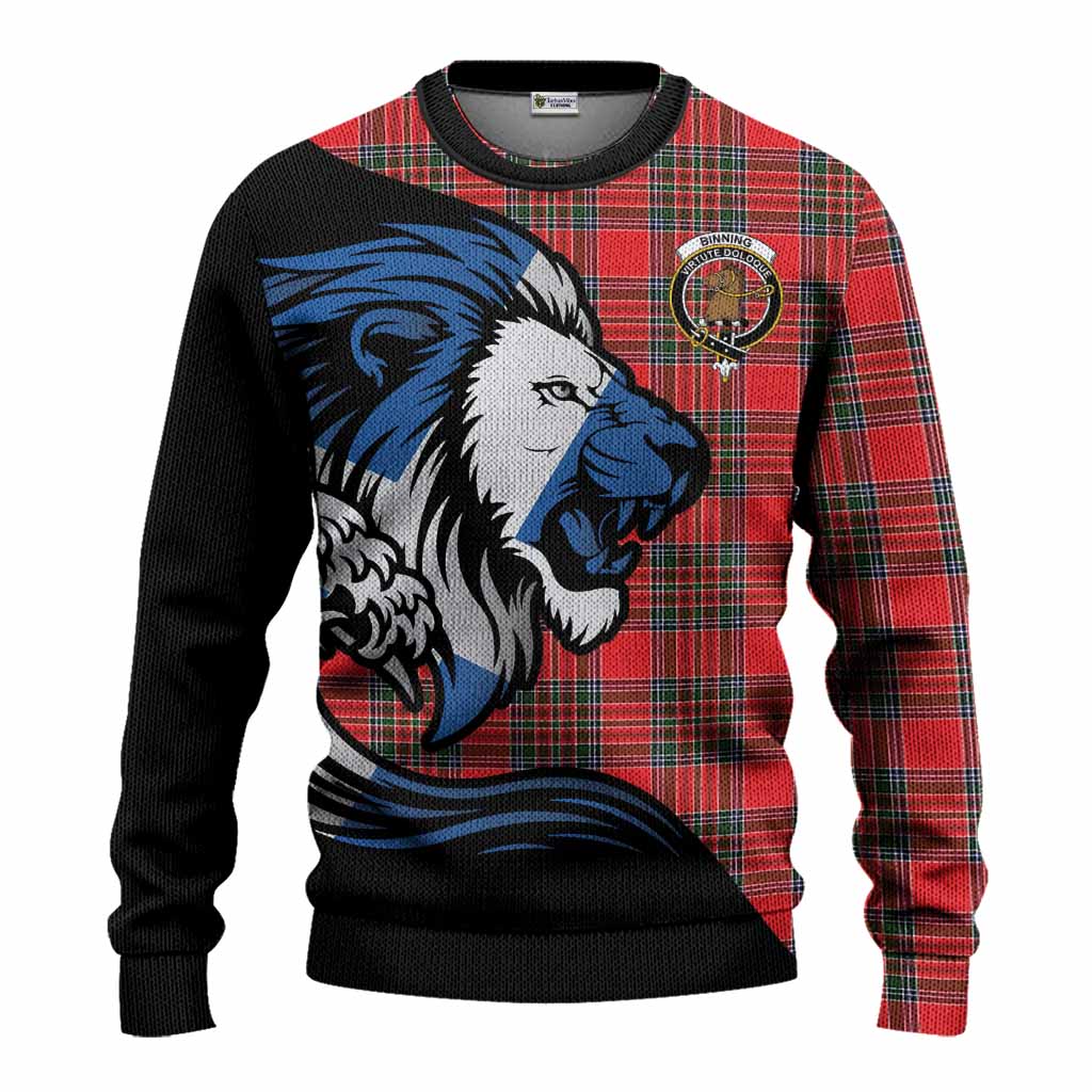 Binning Tartan Crest Knitted Sweater Scottish Golden Lions Wave Flow