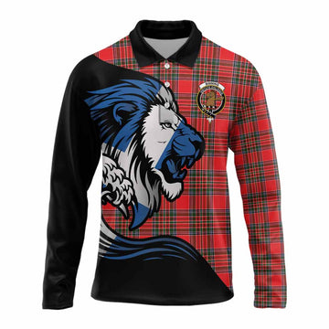 Binning Tartan Crest Long Sleeve Polo Shirt Scottish Golden Lions Wave Flow
