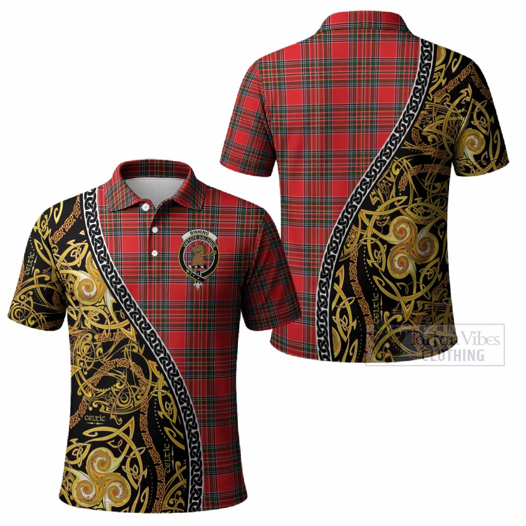 Binning Tartan Crest Polo Shirt Celtic Knot and Triple Trickle Spiral Symbols