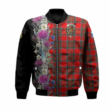 Binning Tartan Crest Thistle Floral Bomber Jacket Unisex Black - Tartan Vibes Clothing