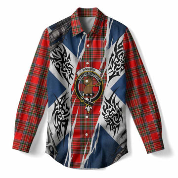 Binning Tartan Crest Women Casual Shirt Scotland Flag Ripped Tribal Design