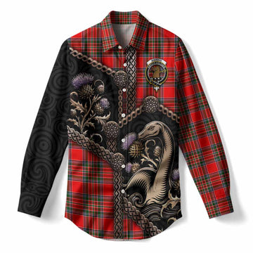 Binning Tartan Crest Women Casual Shirt Scottish Thistle Loch Ness Monster