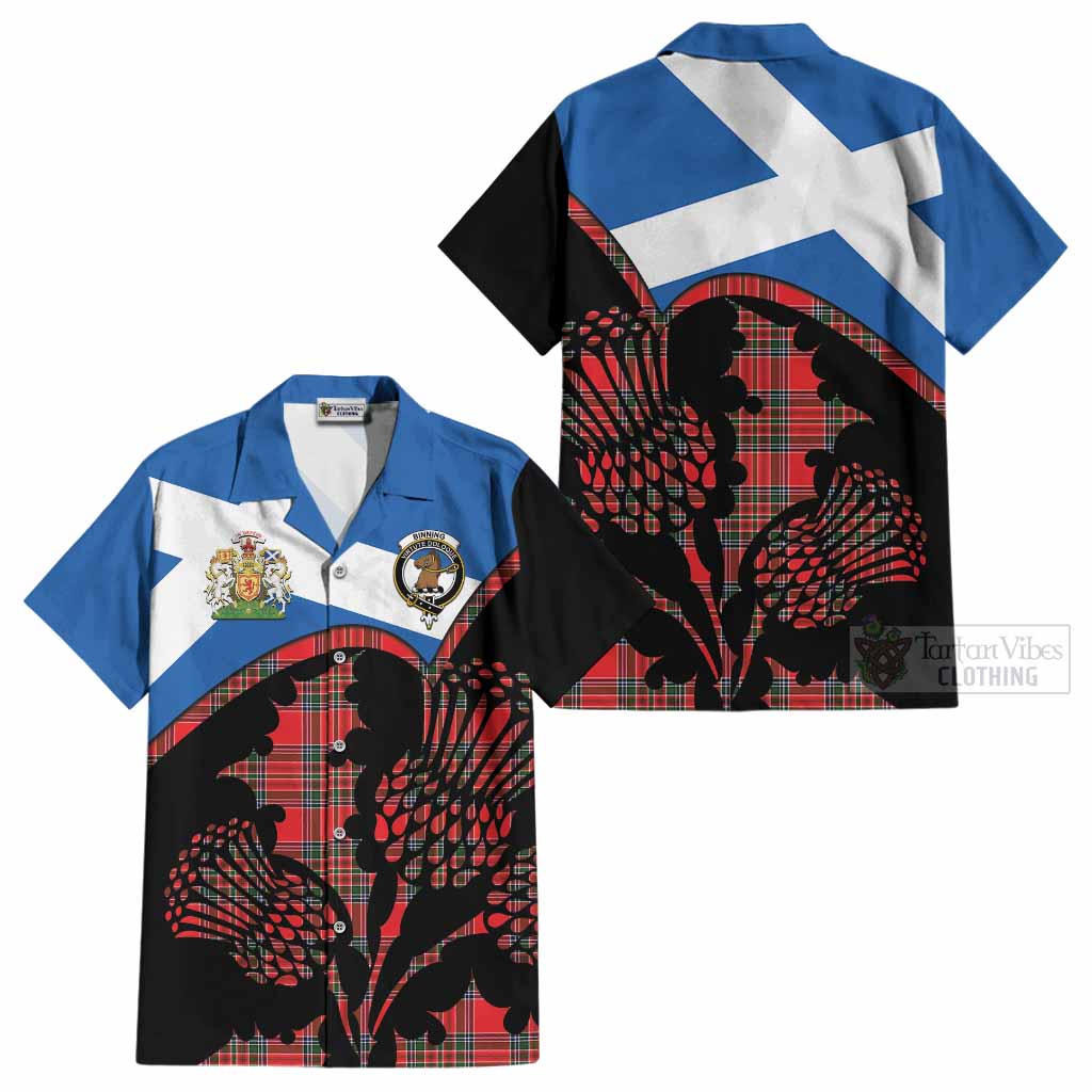 Binning Tartan Family Crest Cotton Hawaiian Shirt Scotland Thistle Floral Flag Style
