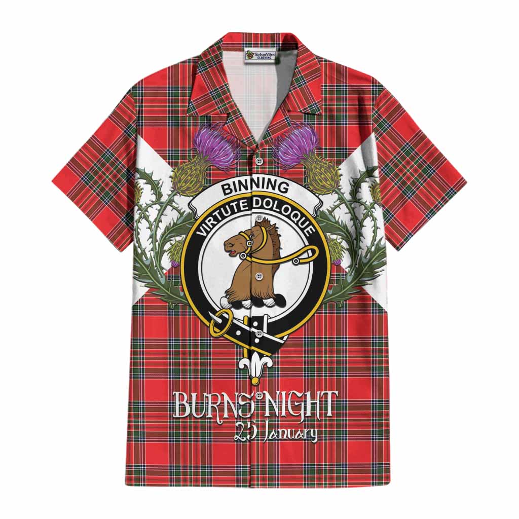 Binning Tartan Family Crest Cotton Hawaiian Shirt Scottish Burns Night Thistle Floral