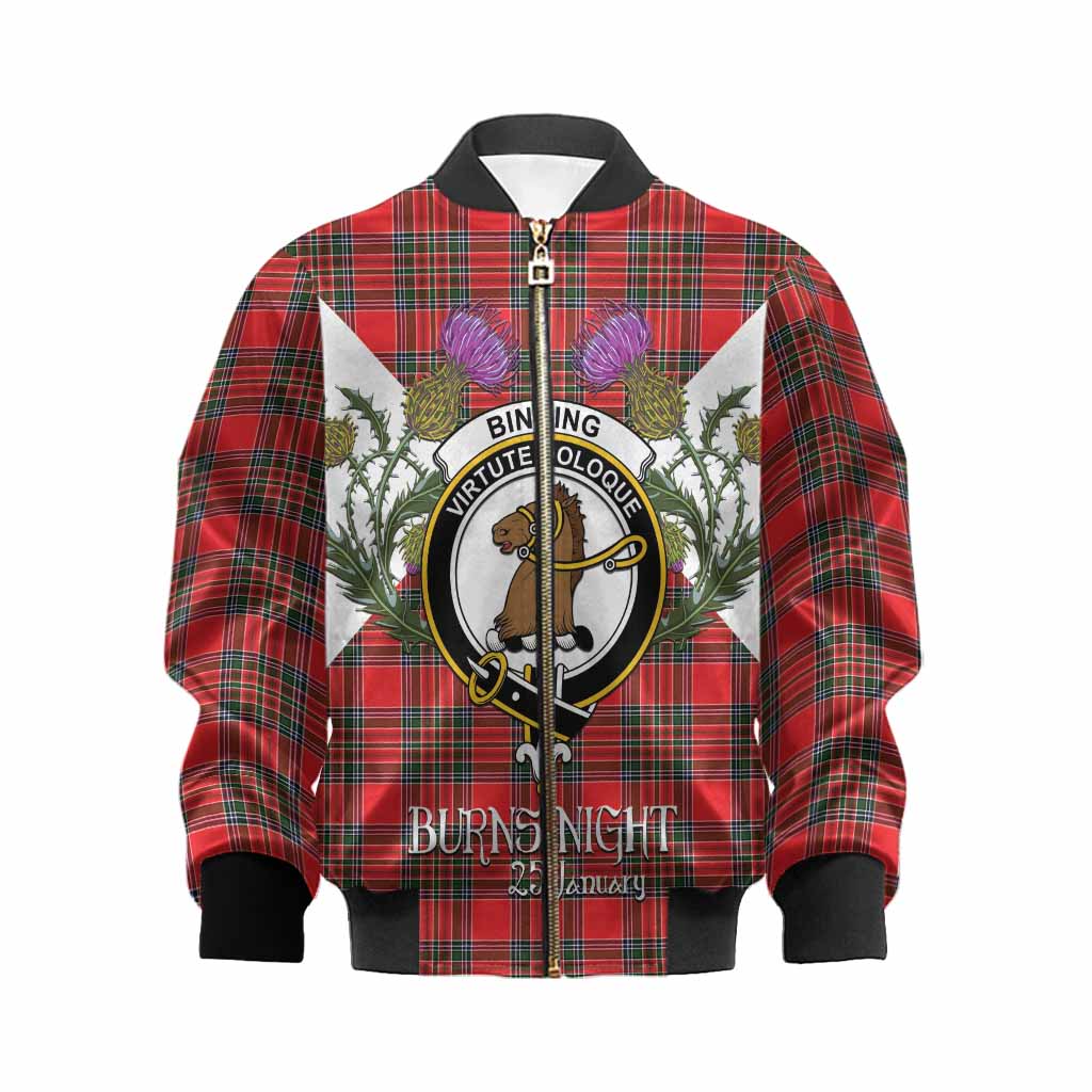 Binning Tartan Family Crest Kid Bomber Jacket Scottish Burns Night Thistle Floral