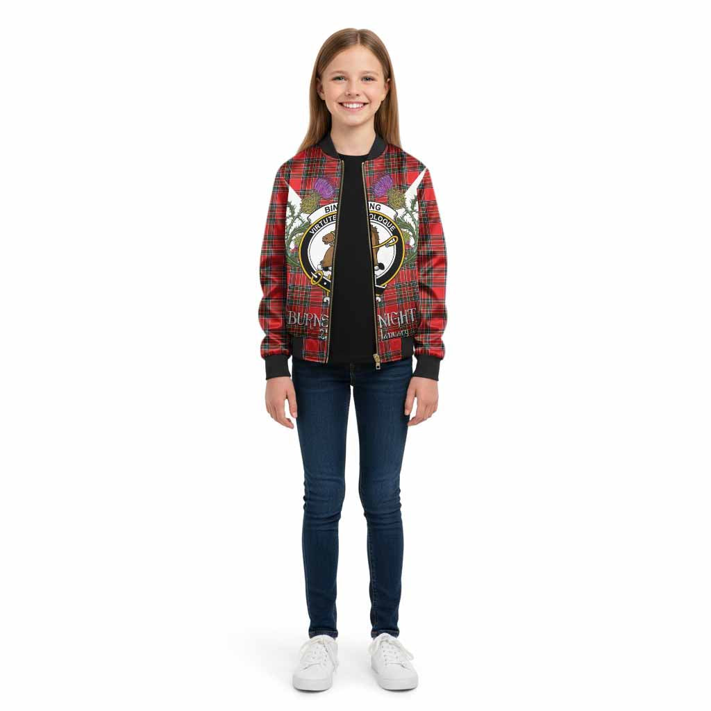 Binning Tartan Family Crest Kid Bomber Jacket Scottish Burns Night Thistle Floral
