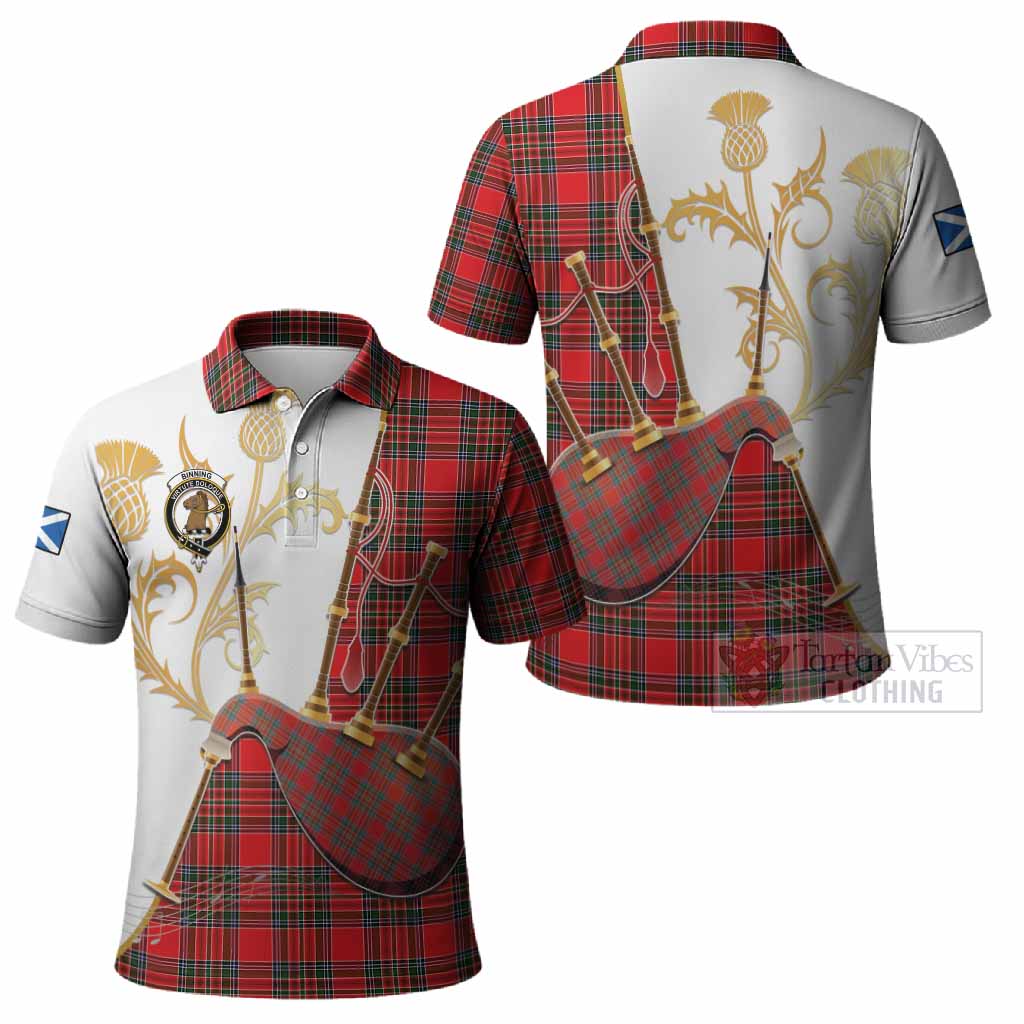 Binning Tartan Family Crest Polo Shirt Bagpipes with Scottish Thistle