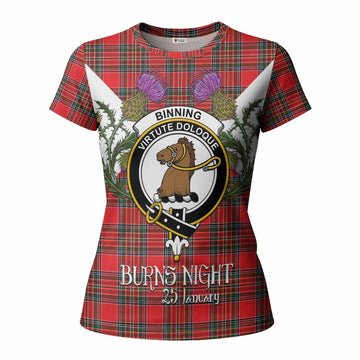 Binning Tartan Family Crest Women T shirt Scottish Burns Night Thistle Floral