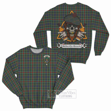 Bisset Tartan Sweatshirt with Family Crest and Bearded Skull Holding Bottles of Whiskey Unisex - Tartan Vibes Clothing