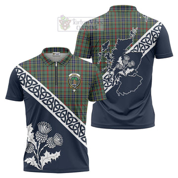 Bisset Tartan Zipper Polo Shirt Featuring Thistle and Scotland Map Unisex - Tartanvibesclothing Store