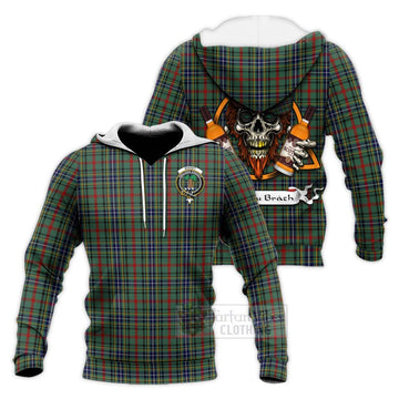 Bisset Tartan Knitted Hoodie with Family Crest and Bearded Skull Holding Bottles of Whiskey Unisex Knitted Pullover Hoodie - Tartan Vibes Clothing