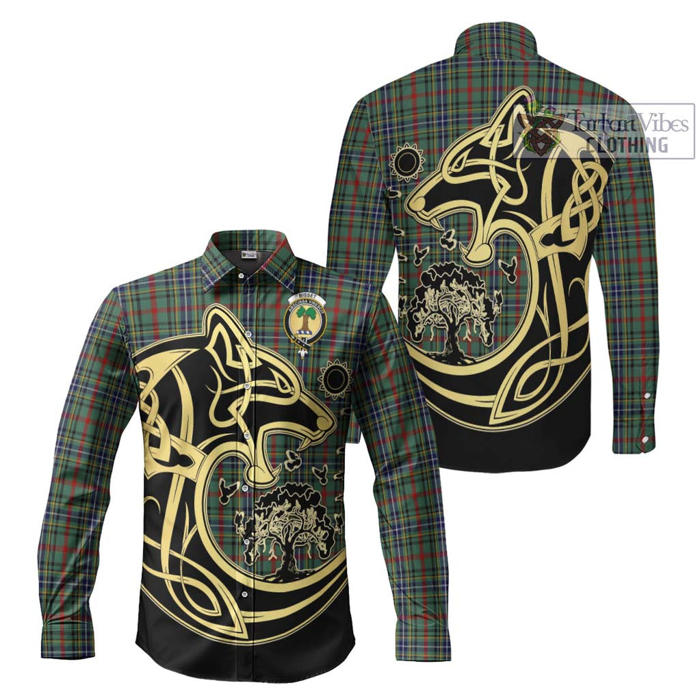 Bisset Tartan Long Sleeve Button Shirt with Family Crest Celtic Wolf Style Men's Shirt S - Tartan Vibes Clothing