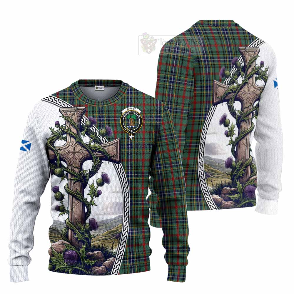 Bisset Tartan Knitted Sweater with Family Crest and St. Andrew's Cross Accented by Thistle Vines Unisex - Tartan Vibes Clothing