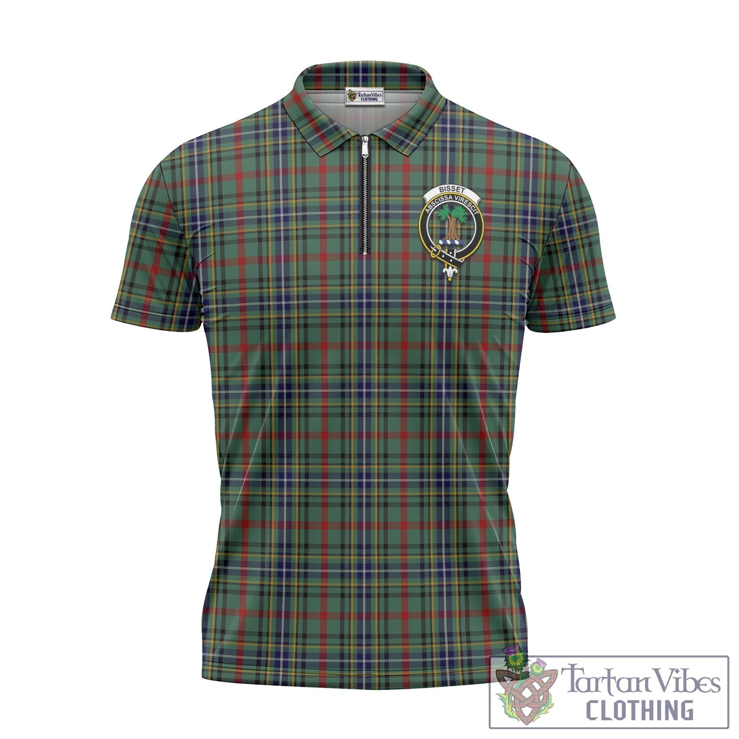 Bisset Tartan Zipper Polo Shirt with Family Crest Unisex - Tartan Vibes Clothing