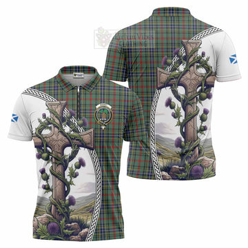 Bisset Tartan Zipper Polo Shirt with Family Crest and St. Andrew's Cross Accented by Thistle Vines Unisex - Tartan Vibes Clothing
