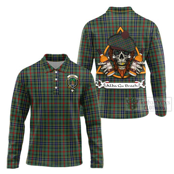 Bisset Tartan Long Sleeve Polo Shirt with Family Crest and Bearded Skull Holding Bottles of Whiskey Unisex - Tartan Vibes Clothing