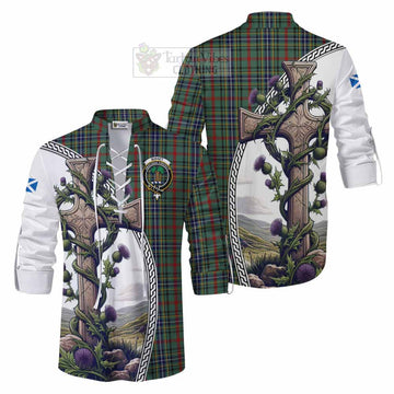 Bisset Tartan Ghillie Kilt Shirt with Family Crest and St. Andrew's Cross Accented by Thistle Vines Men - Tartan Vibes Clothing