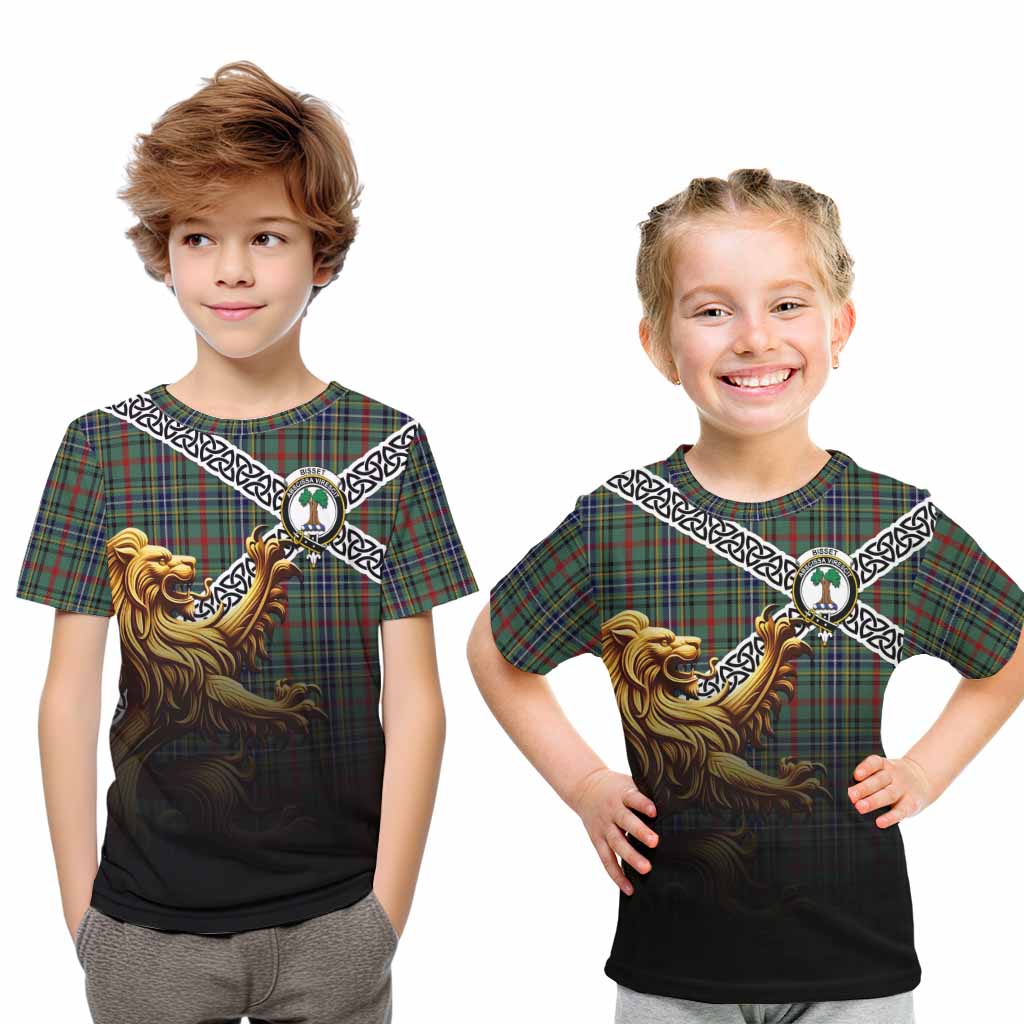 Bisset Crest Tartan Kid T-Shirt with Golden Lion Emblem Celtic Style Youth XL Size14 - Tartan Vibes Clothing