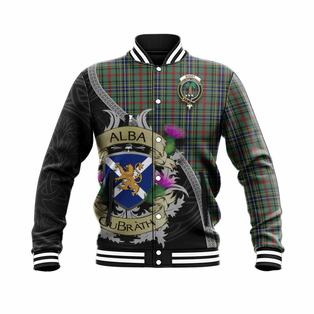 Bisset Tartan Family Crest Baseball Jacket Lion Rampant Royal Thistle Shield Celtic Inspired Unisex - Tartan Vibes Clothing