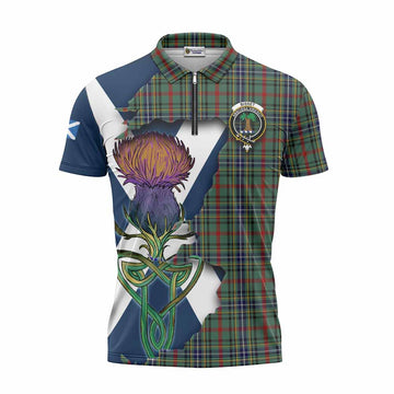 Tartan Vibes Clothing Bisset Tartan Family Crest Zipper Polo Shirt Scottish Thistle Celtic Inspired