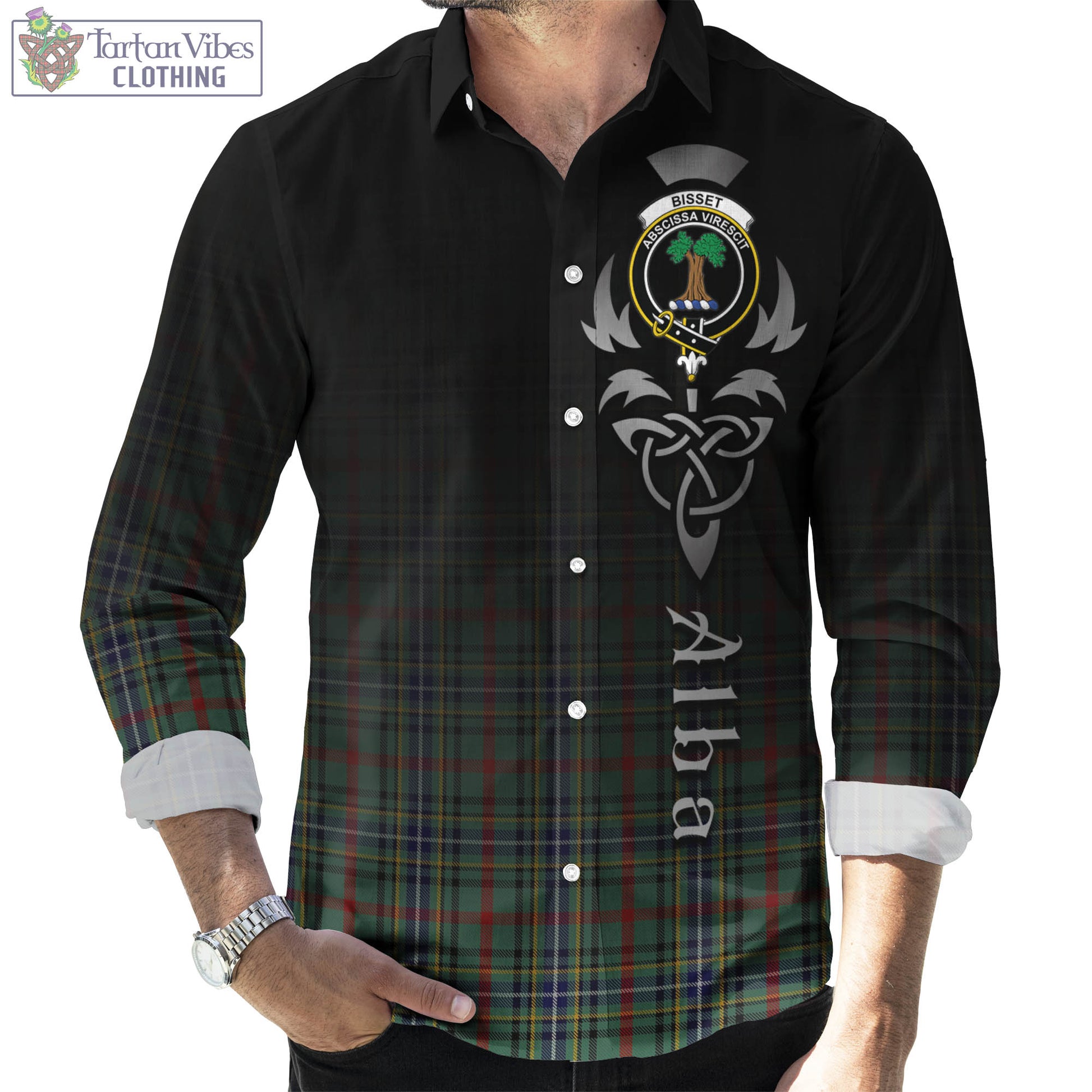 Tartan Vibes Clothing Bisset Tartan Long Sleeve Button Up Featuring Alba Gu Brath Family Crest Celtic Inspired