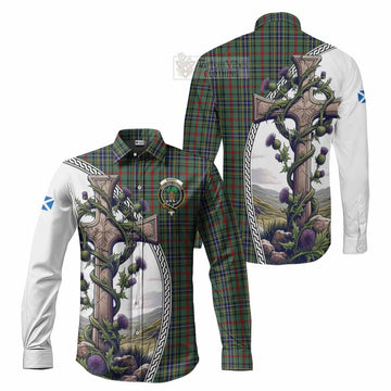 Bisset Tartan Long Sleeve Button Shirt with Family Crest and St. Andrew's Cross Accented by Thistle Vines Men's Shirt S - Tartan Vibes Clothing