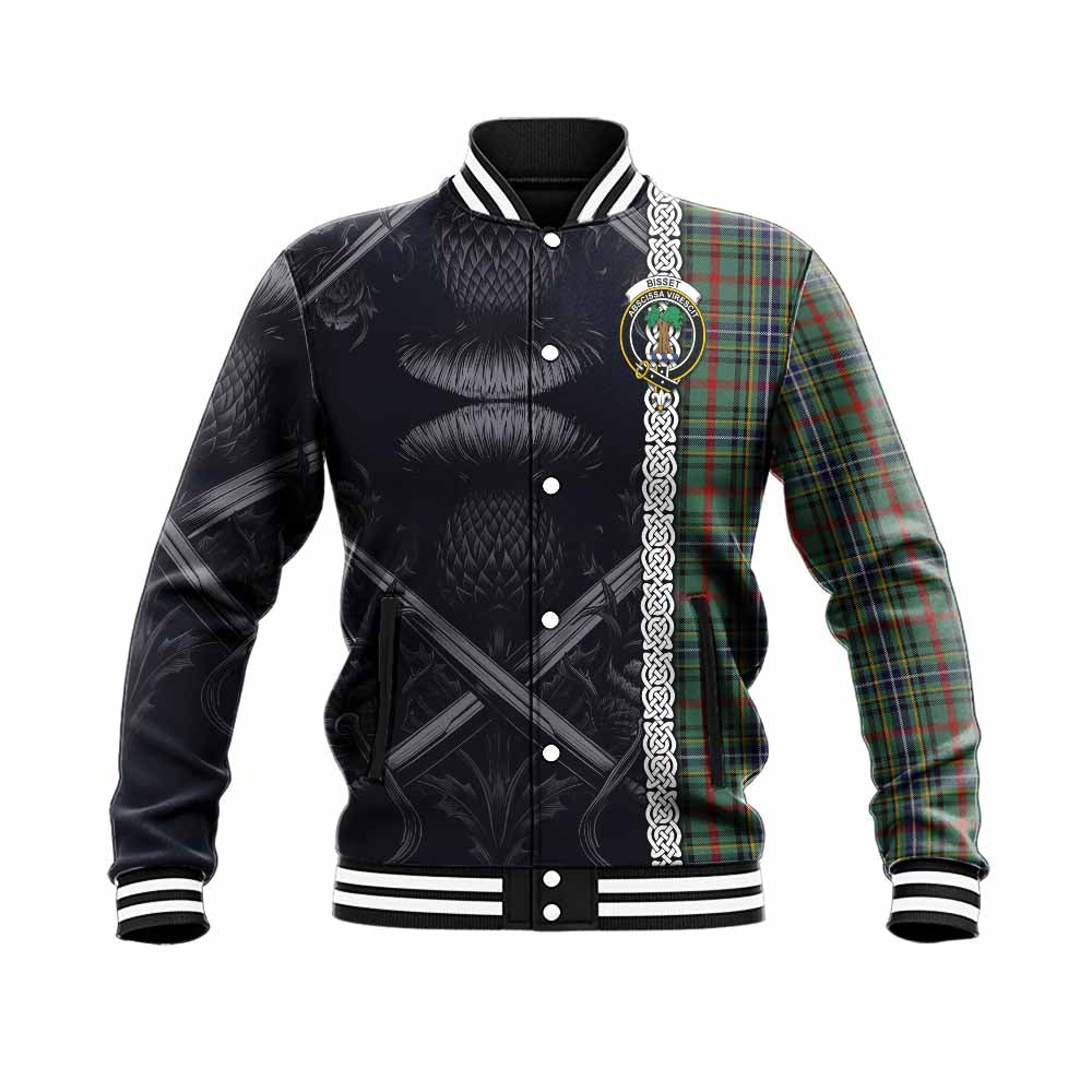 Bisset Tartan Baseball Jacket with Family Crest Cross Sword Thistle Celtic Vibes Unisex - Tartan Vibes Clothing