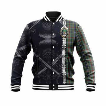 Bisset Tartan Baseball Jacket with Family Crest Cross Sword Thistle Celtic Vibes Unisex - Tartan Vibes Clothing