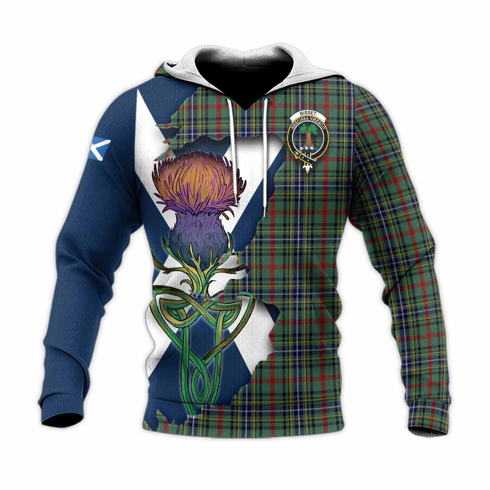Tartan Vibes Clothing Bisset Tartan Family Crest Knitted Hoodie Scottish Thistle Celtic Inspired