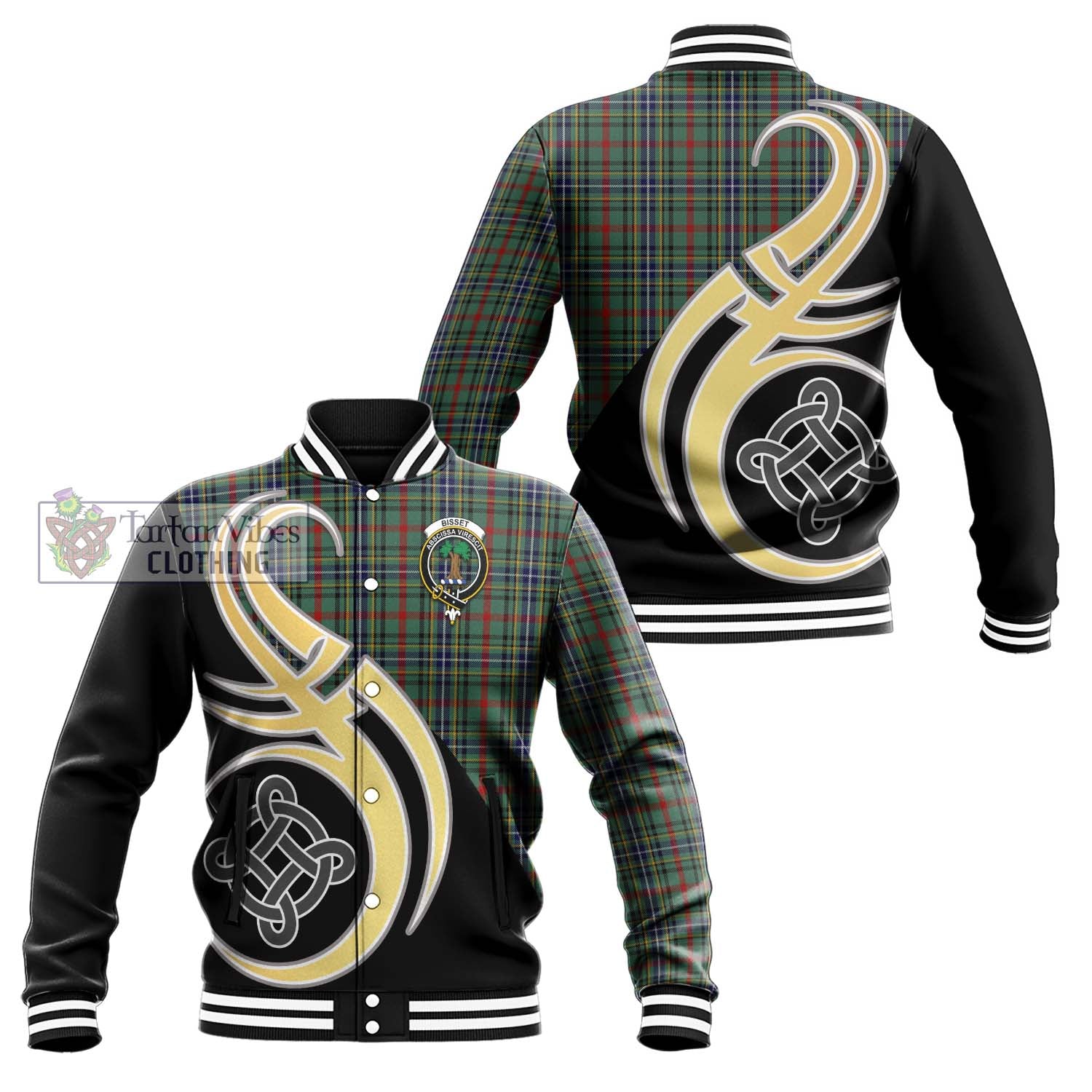 Bisset Tartan Baseball Jacket with Family Crest and Celtic Symbol Style Unisex - Tartan Vibes Clothing