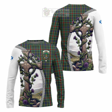 Bisset Tartan Long Sleeve T-Shirt with Family Crest and St. Andrew's Cross Accented by Thistle Vines Unisex - Tartan Vibes Clothing