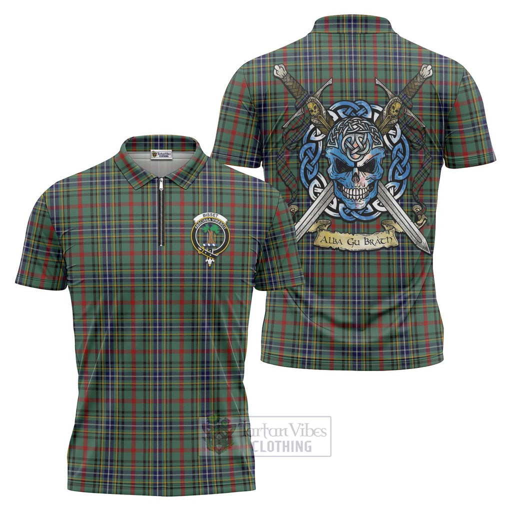 Bisset Tartan Zipper Polo Shirt with Family Crest Celtic Skull Style Unisex - Tartan Vibes Clothing