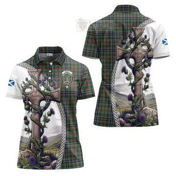 Bisset Tartan Women's Polo Shirt with Family Crest and St. Andrew's Cross Accented by Thistle Vines Women - Tartan Vibes Clothing