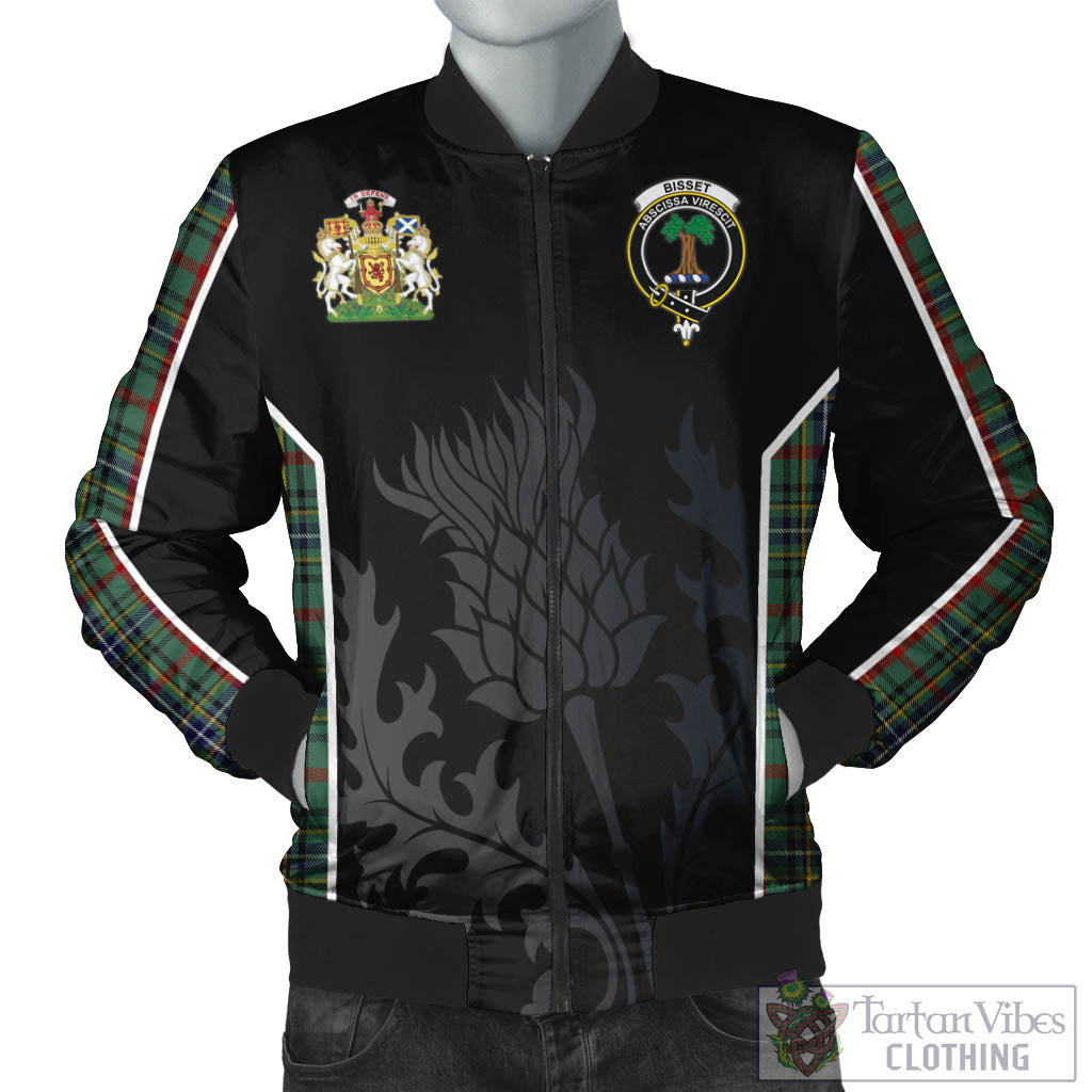 Bisset Tartan Bomber Jacket with Family Crest and Scottish Thistle Vibes Sport Style Unisex Black - Tartan Vibes Clothing