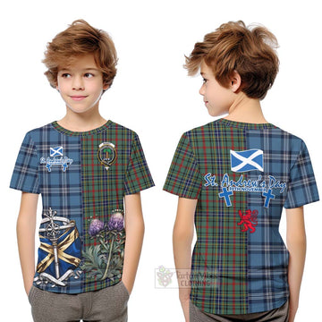Bisset Tartan Kid T-Shirt Happy St. Andrew's Day Half Tartan Style Youth XL Size14 - Tartan Vibes Clothing