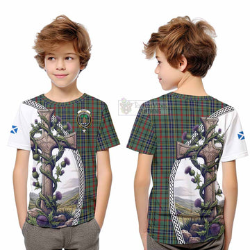 Bisset Tartan Kid T-Shirt with Family Crest and St. Andrew's Cross Accented by Thistle Vines Youth XL Size14 - Tartan Vibes Clothing