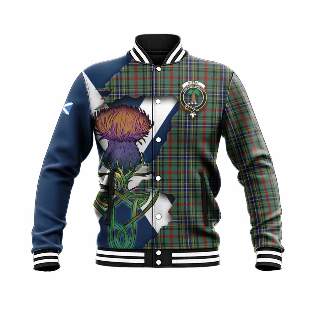 Tartan Vibes Clothing Bisset Tartan Family Crest Baseball Jacket Scottish Thistle Celtic Inspired